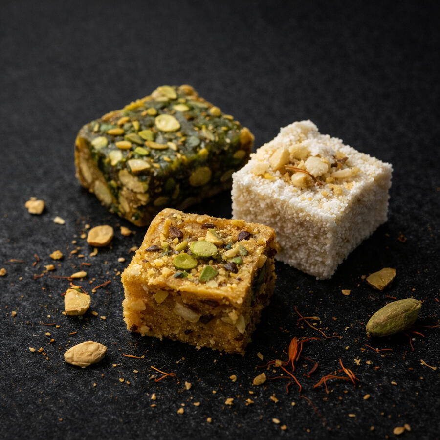 Close-up of Persian Yazd luxury sweets pistachio saffron almond baklava