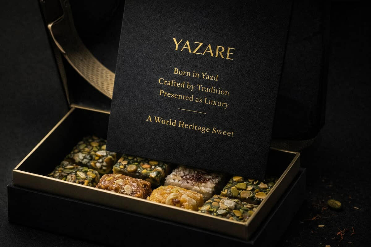 Open luxury black gift box with Persian Yazd sweets